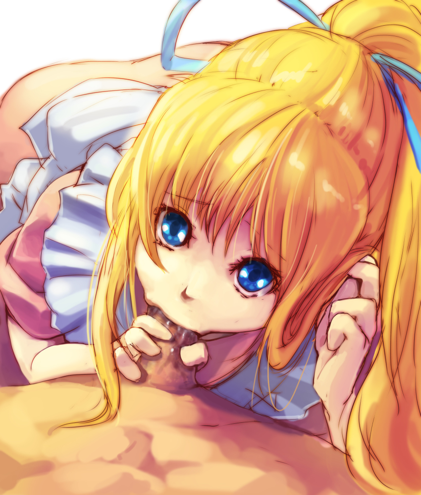 1girl absurdres apron ass blonde_hair blue_eyes bow d-zono dress fellatio highres lilith_aileron long_hair no_panties oral ponytail solo_focus tales_of_(series) tales_of_destiny waitress