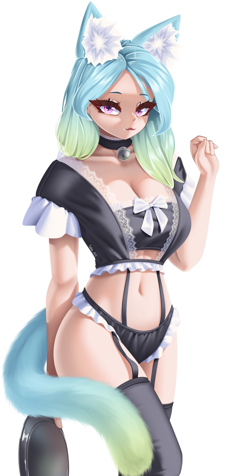 1girl animal_ears bell blue_hair breasts cat_ears cat_girl cat_tail cleavage collar frilled_sleeves frilled_underwear frills gradient_hair green_hair lace lace_trim long_hair looking_at_viewer maid multicolored_hair original panties pink_eyes ribbon tail takie_arts thighhighs thighs tray two-tone_hair underwear white_background