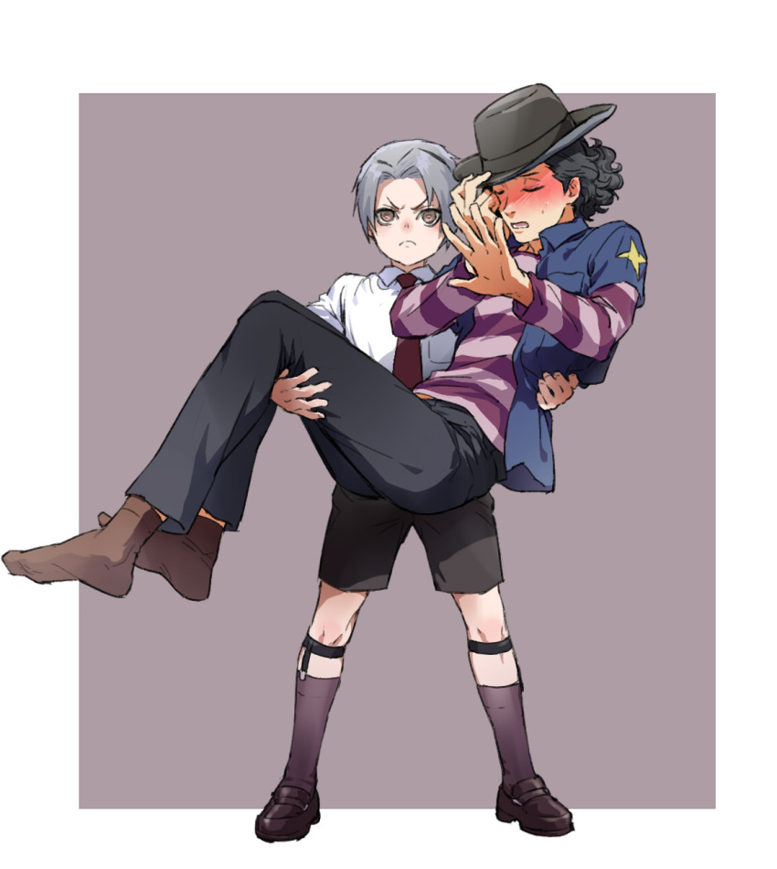 2boys ace_attorney ace_attorney_investigations ace_attorney_investigations_2:_prosecutor&#039;s_gambit adjusting_clothes adjusting_headwear age_difference aged_down bad_id bad_pixiv_id black_hair black_hat black_pants black_shorts black_socks blue_jacket blush border brown_footwear brown_socks carrying carrying_person changye child closed_eyes fedora full_body grey_hair hat highres horizontal-striped_clothes jacket male_focus miles_edgeworth multiple_boys necktie no_shoes open_clothes open_jacket pants princess_carry purple_shirt red_necktie shigaraki_tateyuki shin_strap shirt shorts socks standing striped_clothes striped_shirt sweat white_border white_shirt