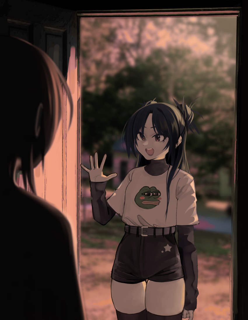 1girl 1other :d absurdres belt black_hair black_thighhighs blurry blurry_background brown_eyes commentary doorway double_bun english_commentary grey_lips hair_bun hand_up highres indoors kumaartsu layered_sleeves long_hair long_sleeves mole mole_under_eye open_mouth original pepe_the_frog short_over_long_sleeves short_shorts short_sleeves shorts sleeves_past_wrists smile thigh_gap thighhighs tree