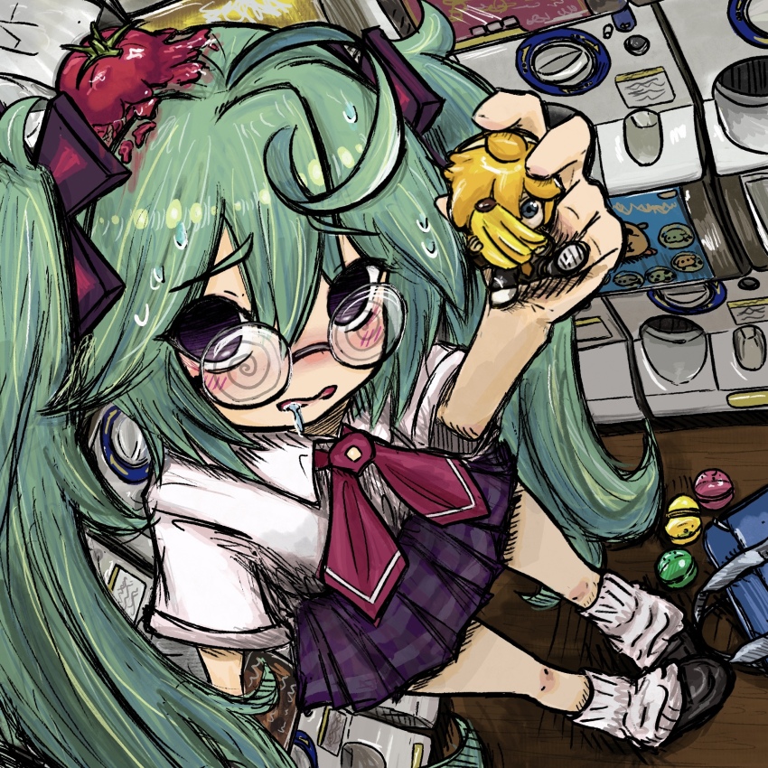 1girl ahoge aqua_hair black_eyes blush bubbacterial capsule character_doll coke-bottle_glasses confessions_of_a_rotten_girl_(vocaloid) drooling foreshortening gashapon glasses hatsune_miku highres holding holding_toy indoors kagamine_len loafers loose_socks messy_hair nervous nervous_sweating official_alternate_costume pigeon-toed plaid_clothes plaid_skirt saliva shirt shoes shop skirt socks solo sweat sweatdrop tomato toy twintails vocaloid white_shirt white_socks