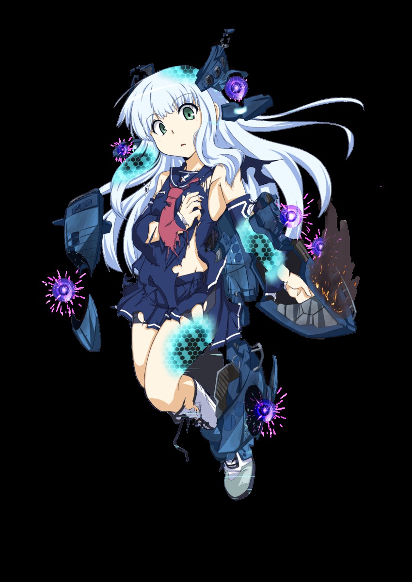 1girl alternate_costume aoki_hagane_no_arpeggio armpits blue_eyes blue_hair boots burning cross-laced_footwear detached_sleeves female_focus full_body highres iona_(aoki_hagane_no_arpeggio) kantai_collection knee_boots lace-up_boots long_hair looking_at_viewer matching_hair/eyes notice_(kou) open_mouth parody school_uniform serafuku shoes skirt solo torn_clothes transparent_background white_background white_footwear