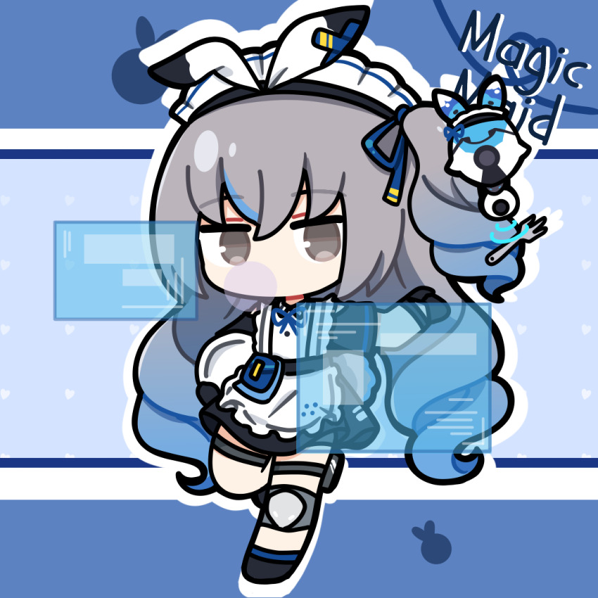 1girl animal_ear_hairband animal_ears apron blowing_bubbles blue_ribbon bronya_zaychik bronya_zaychik_(haxxor_bunny) chewing_gum chibi chibi_only chinese_commentary commentary_request drill_hair drone english_text fake_animal_ears fork full_body grey_eyes grey_hair hair_between_eyes hair_ribbon hairband hand_up holding holding_plate holographic_interface honkai_(series) honkai_impact_3rd long_hair looking_at_viewer maid maid_apron maid_headdress multicolored_hair plate rabbit_ear_hairband rabbit_ears ribbon side_drill solo streaked_hair twin_drills youtho