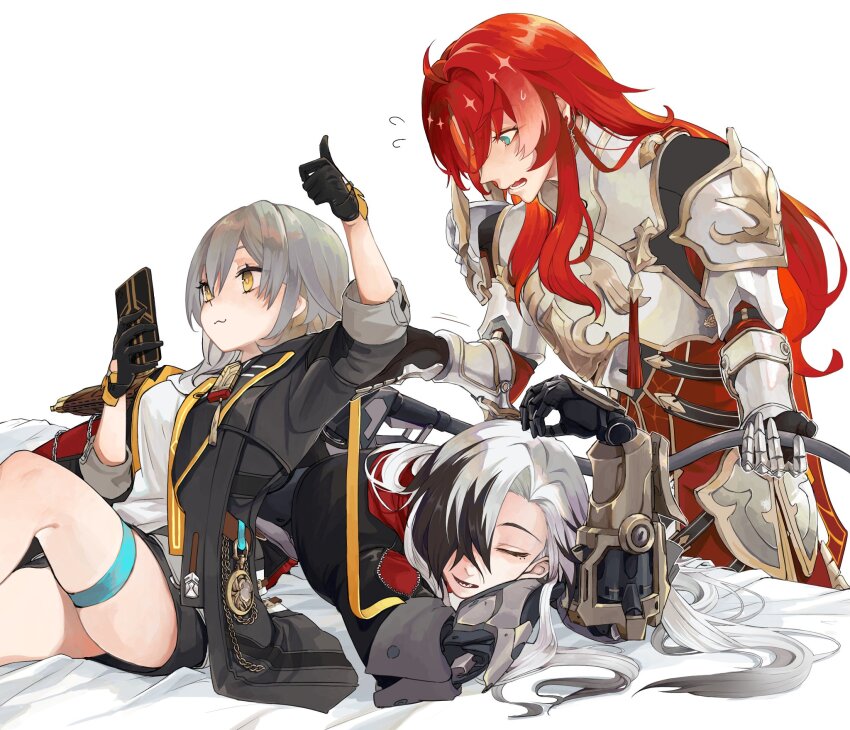 1girl 2boys :3 argenti_(honkai:_star_rail) arm_up armor black_hair boothill_(honkai:_star_rail) breastplate cellphone closed_mouth flying_sweatdrops gas_pump_nozzle gauntlets gloves green_eyes grey_hair hand_up highres holding holding_phone honkai:_star_rail honkai_(series) jacket long_hair looking_at_another looking_at_object looking_at_phone looking_to_the_side lying multicolored_hair multiple_boys open_clothes open_jacket open_mouth parted_lips phone red_hair refueling shirt shorts simple_background sitting sleeping smartphone smile standing stelle_(honkai:_star_rail) thigh_strap thumbs_up trailblazer_(honkai:_star_rail) tsukushi_azu two-tone_hair very_long_hair white_background yellow_eyes