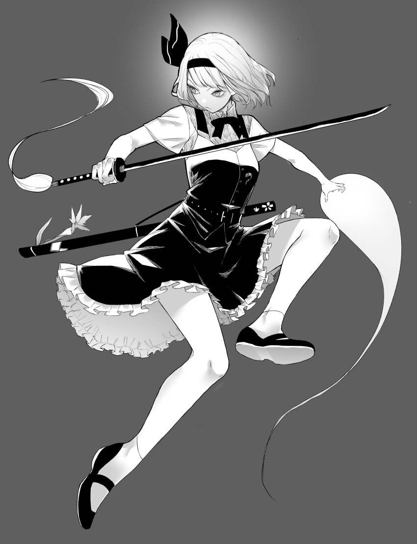 1girl absurdres bow bowtie dress full_body ghost greyscale hairband hashtag-only_commentary highres holding holding_sword holding_weapon katana konpaku_youmu konpaku_youmu_(ghost) monochrome shoes short_hair short_sleeves socks solo sweet_reverie sword touhou weapon