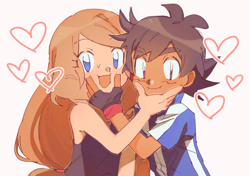 1boy 1girl ash_ketchum black_hair brown_eyes brown_hair closed_mouth couple creatures_(company) facial_mark fingerless_gloves game_freak gloves heart highres jacket long_hair malan nintendo pokemon pokemon_(anime) pokemon_xy_(anime) serena_(pokemon) smile sweat thick_eyebrows very_long_hair