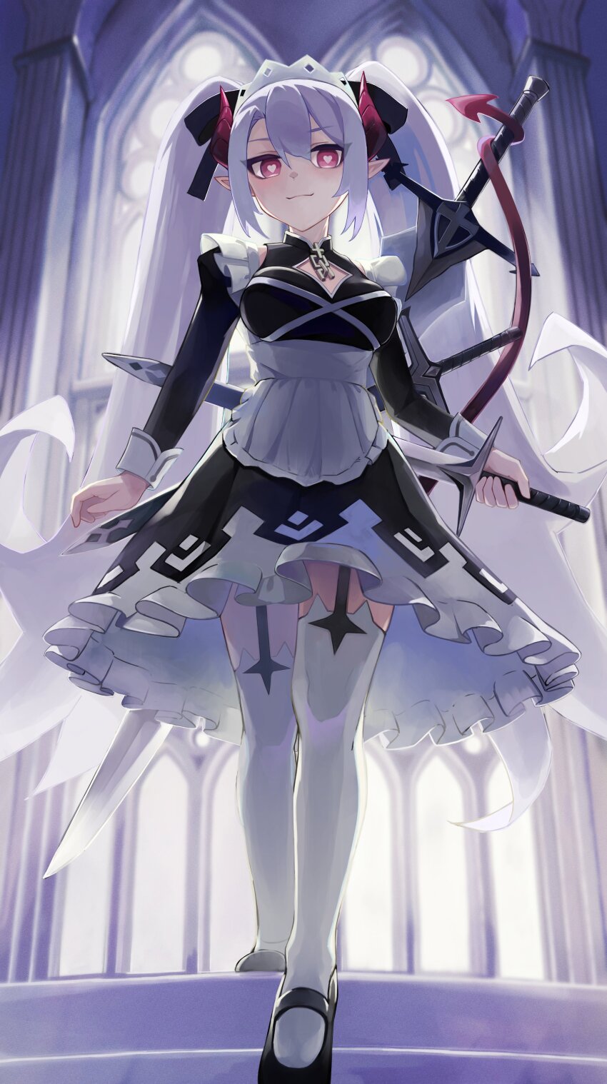 1girl absurdres apron black_footwear black_ribbon blush breasts broken broken_chain chain charlotte_(ac8231) closed_mouth commission demon_girl demon_tail dress frilled_apron frills garter_straps hair_ribbon heart heart-shaped_pupils highres holding holding_sword holding_weapon holding_with_tail horns large_breasts long_hair looking_at_viewer maid maid_headdress mary_janes mitarasi_ranko original pink_eyes pointy_ears prehensile_tail ribbon second-party_source shoes skeb_commission solo sword symbol-shaped_pupils tail thighhighs twintails very_long_hair weapon white_apron white_hair white_headdress white_thighhighs