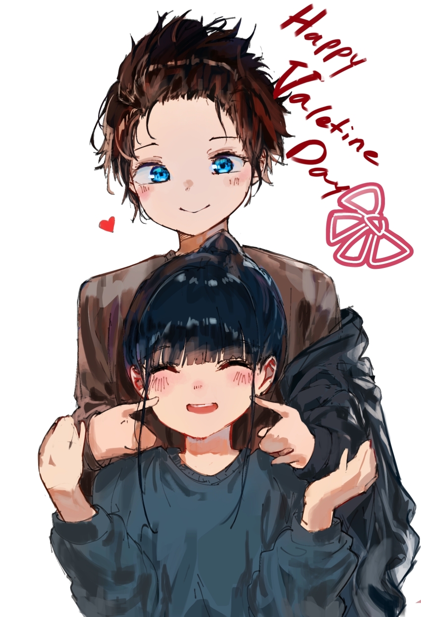 1boy 1girl absurdres black_hair blue_eyes blush brown_hair brown_shirt closed_eyes couple happy_valentine heart hetero highres lake_(reikuu_ou) messy_hair original shirt simple_background sketch smile upper_body valentine white_background