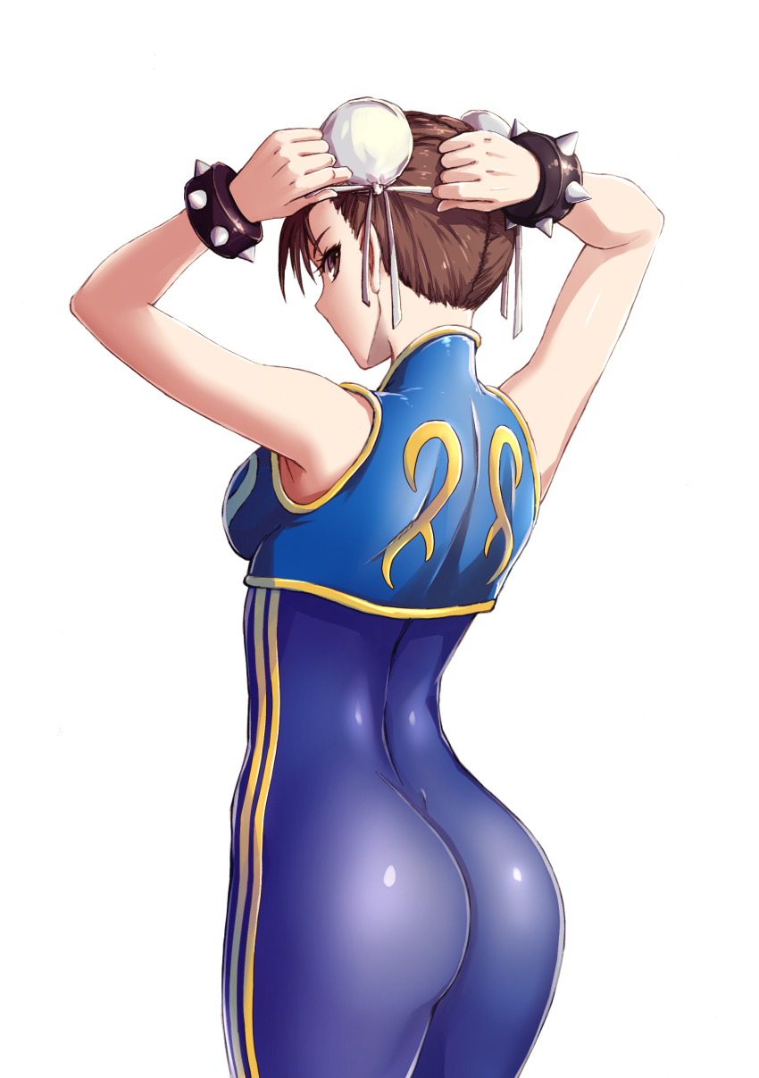 1girl absurdres alternate_costume arms_behind_head arms_up ass back bad_id bad_pixiv_id bare_arms bare_shoulders blouse blue_bodysuit blue_shirt bodysuit bodysuit_under_clothes bracelet breasts brown_eyes brown_hair bun_cover butt_crack capcom chinese_clothes chun-li commentary cowboy_shot crop_top double_bun fish.boy from_behind gold_trim hair_bun highres jewelry looking_at_viewer looking_back medium_breasts no_mouth shiny_clothes shirt simple_background skin_tight sleeveless sleeveless_bodysuit sleeveless_crop_top sleeveless_shirt solo spiked_bracelet spikes standing street_fighter street_fighter_zero_(series) tying_hair white_background