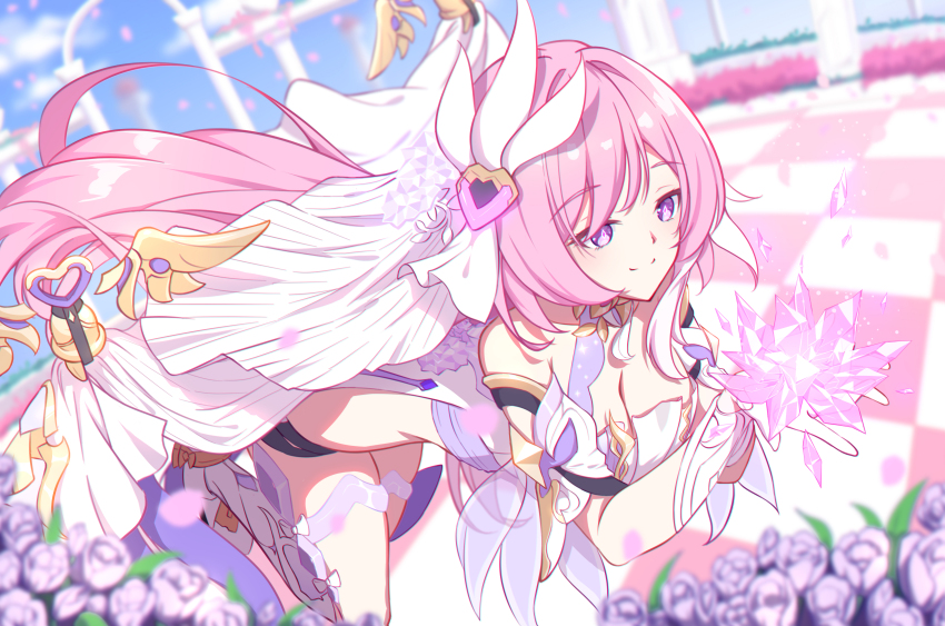 1girl absurdres bare_shoulders bell black_shorts blue_sky breasts checkered_floor chinese_commentary cleavage closed_mouth clothing_cutout commentary_request corset crystal_flower diamond-shaped_pupils diamond_(shape) elysia_(herrscher_of_human:_ego)_(honkai_impact) elysia_(honkai_impact) falling_petals from_side gloves highres holding_crystal honkai_(series) honkai_impact_3rd large_breasts legs long_hair multicolored_hair petals phantom_racher pink_hair purple_eyes shorts side_cutout sky smile solo symbol-shaped_pupils thigh_strap thighs two-tone_hair veil very_long_hair white_corset white_gloves white_hair white_veil