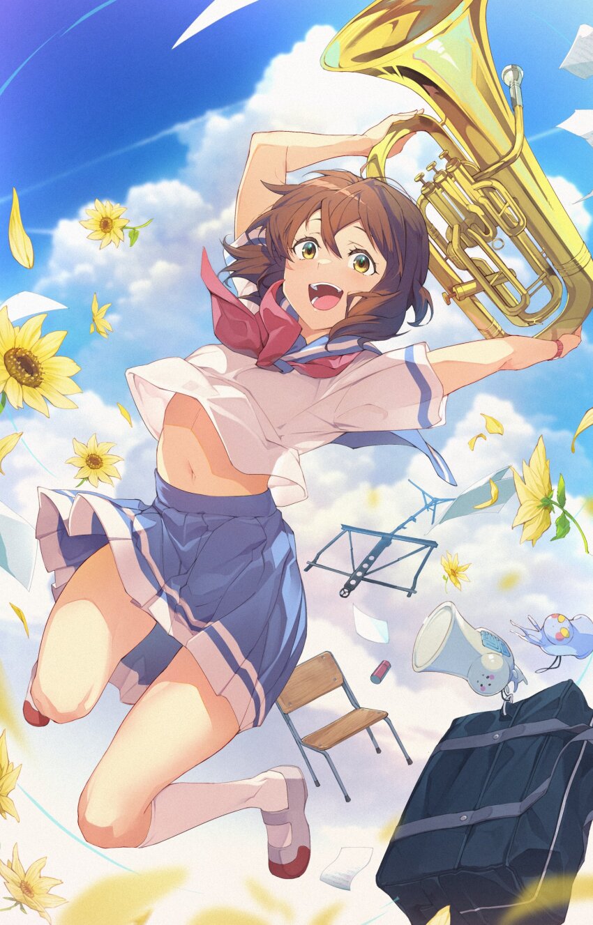 1girl 3s_(tarariko) :d absurdres bag blue_skirt breasts brown_hair chair cloud cloudy_sky euphonium falling floating flower hibike!_euphonium highres holding holding_instrument instrument kitauji_high_school_uniform kneehighs medium_hair miniskirt music_stand navel neckerchief open_mouth oumae_kumiko paper pink_neckerchief school_bag school_uniform serafuku shirt shoes skirt sky small_breasts smile socks solo sunflower teeth thighs uwabaki white_footwear white_shirt white_socks yellow_eyes