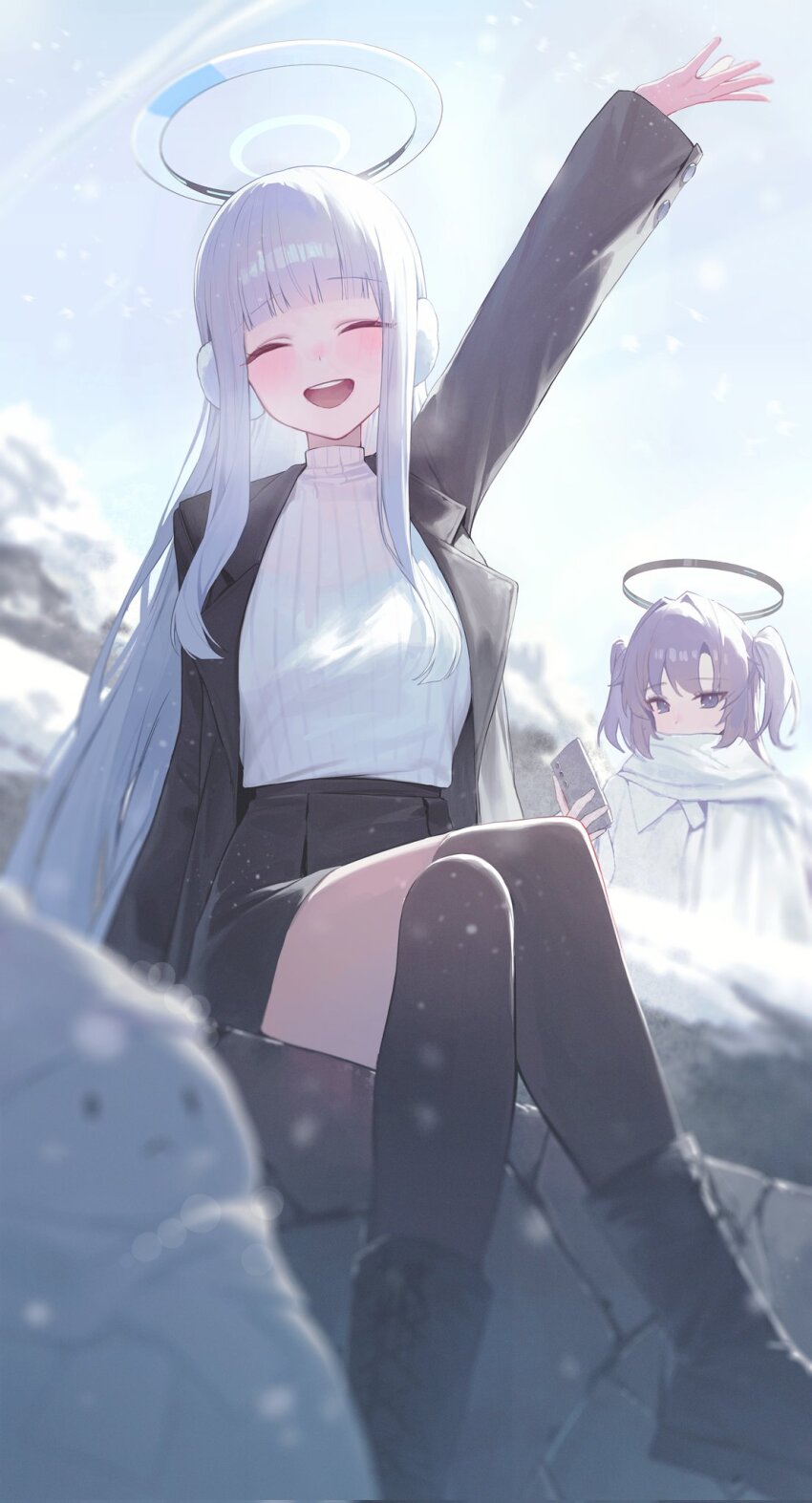 2girls :d ^_^ arm_up black_footwear black_halo black_jacket black_skirt black_thighhighs blue_archive blush boots cellphone closed_eyes coat crossed_legs earmuffs hair_intakes halo hand_up highres holding holding_phone huhi_(huhi_1211) jacket long_hair miniskirt multiple_girls noa_(blue_archive) open_clothes open_jacket open_mouth outdoors over-kneehighs phone pleated_skirt purple_eyes purple_hair ribbed_sweater scarf sitting skirt smartphone smile snow sweater teeth thighhighs turtleneck turtleneck_sweater two_side_up upper_teeth_only white_coat white_hair white_halo white_scarf white_sweater winter_clothes yuuka_(blue_archive)