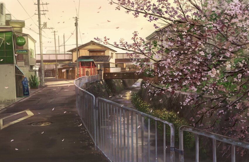 bridge building cherry_blossoms commentary_request flower highres making-of_available manhole_cover no_humans original outdoors petals pink_flower power_lines railing road scenery sky stream tree utility_pole yakan_(2281101) yellow_sky