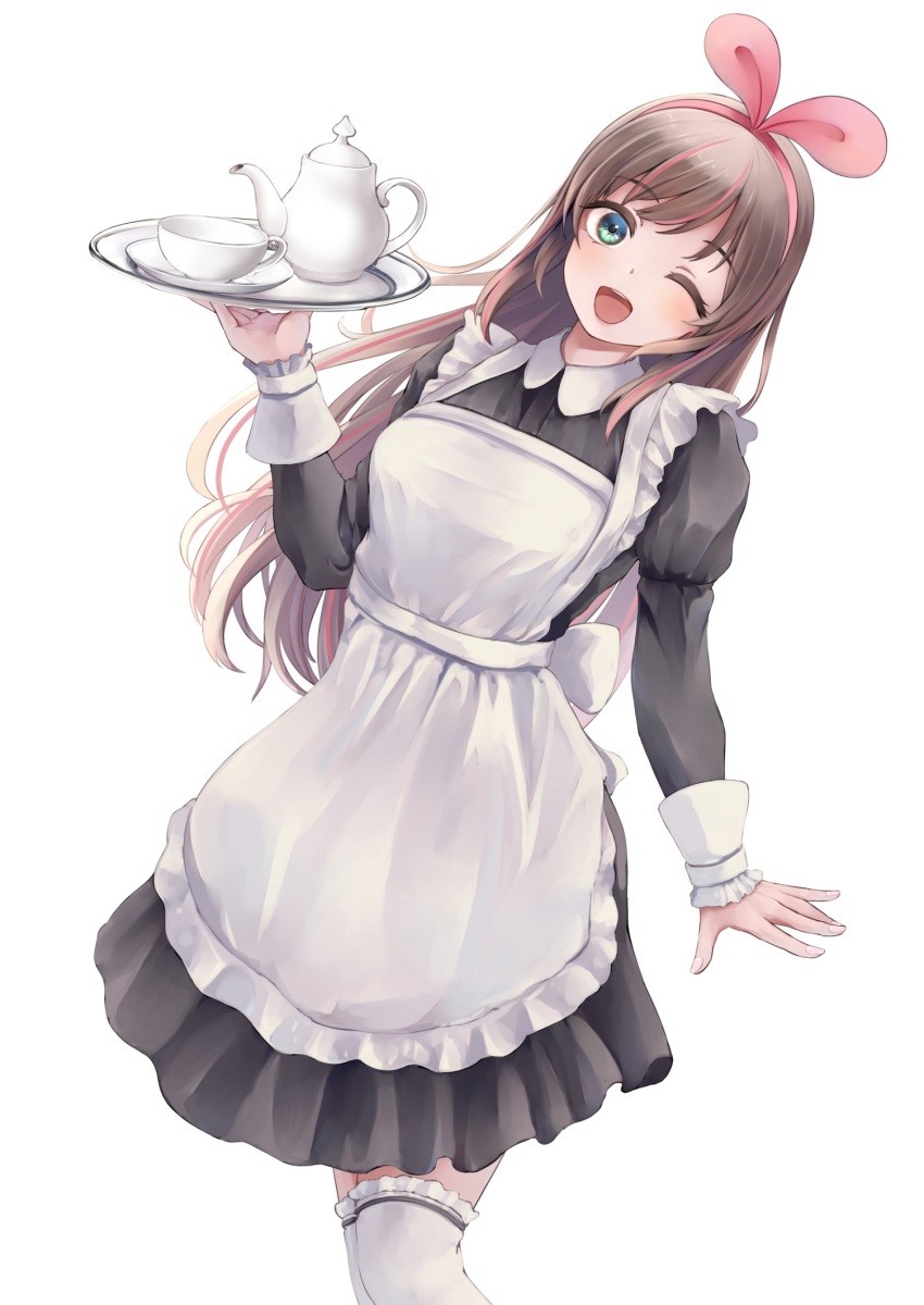 1girl ;d aira_(qwedcxza49) alternate_costume apron black_shirt black_skirt blush brown_hair cup dress_shirt enmaided frilled_thighhighs frills green_eyes hairband highres holding holding_plate kizuna_ai kizuna_ai_inc. leaning_to_the_side long_hair long_sleeves looking_at_viewer maid medium_skirt multicolored_hair one_eye_closed open_mouth pink_hair pink_hairband plate shirt simple_background skirt smile solo standing straight_hair teacup teapot thighhighs two-tone_hair very_long_hair virtual_youtuber white_apron white_background white_thighhighs