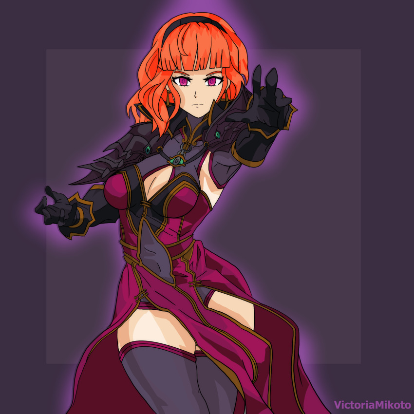 1girl absurdres aura celica_(fire_emblem) corruption fire_emblem fire_emblem_echoes:_shadows_of_valentia gloves glowing glowing_eyes highres leggings mind_control nintendo pink_eyes red_hair self-upload victoria_mikoto witch_(fire_emblem)