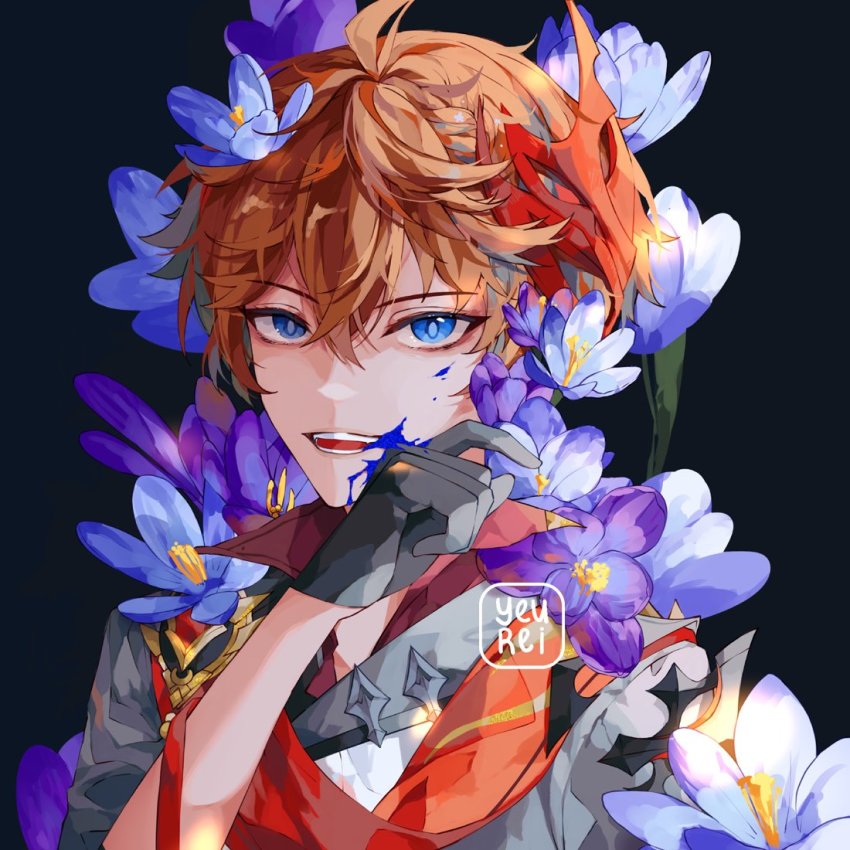 1boy artist_name black_gloves blue_eyes blue_flower collared_jacket crocus_(flower) dark_background flower genshin_impact gloves glowing hair_between_eyes hair_flower hair_ornament hand_up jacket light_brown_hair messy_hair purple_flower short_hair simple_background solo tartaglia_(genshin_impact) yeurei