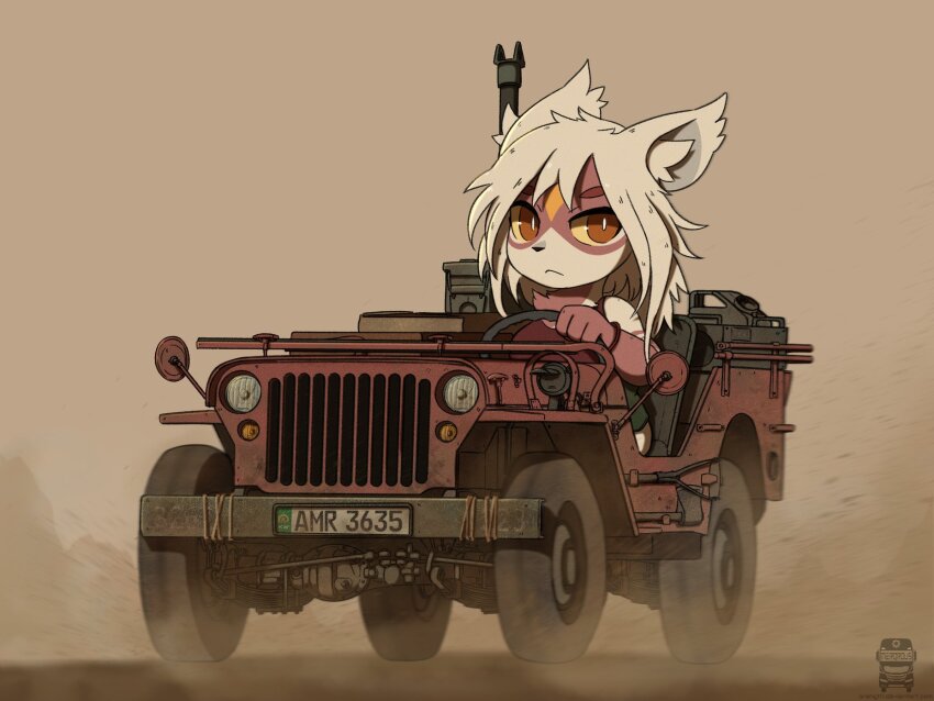 1girl animal_ear_fluff animal_ears animal_nose bright_pupils colored_sclera driving dust elbow_gloves fox_ears fox_girl gloves grey_hair highres jeep license_plate merqrous motor_vehicle original red_eyes red_gloves shirt sleeveless sleeveless_shirt solo vehicle_focus white_pupils yellow_sclera