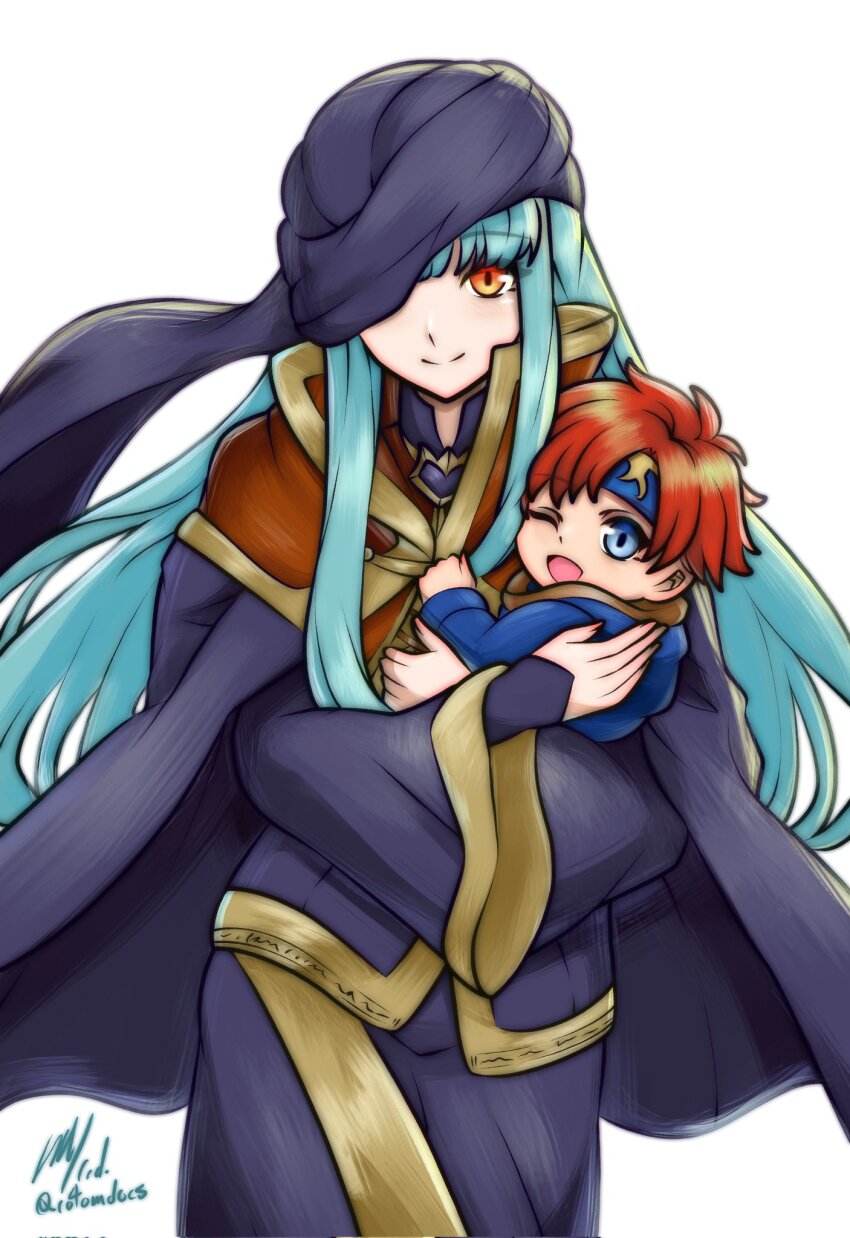 1boy 1girl black_robe blue_eyes blue_hair child closed_mouth commission cosplay fire_emblem fire_emblem:_the_blazing_blade hands_up highres long_sleeves mother_and_child nergal_(fire_emblem) nergal_(fire_emblem)_(cosplay) ninian_(fire_emblem) nintendo one_eye_closed open_mouth red_eyes red_hair robe rotomdocs roy_(fire_emblem) short_hair signature simple_background smile white_background