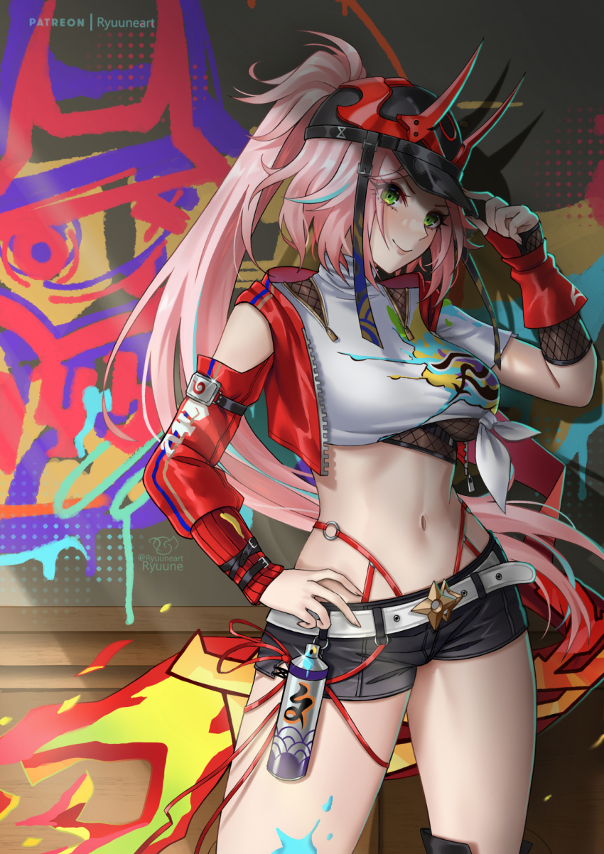 1girl baseball_cap belt black_hat black_shorts breasts crop_top cropped_shirt graffiti green_eyes grin hat highres honkai:_star_rail honkai_(series) horned_hat jacket large_breasts long_hair long_sleeves looking_at_viewer pink_hair rappa_(honkai:_star_rail) red_jacket ryuuneart shirt shorts smile solo tied_shirt white_shirt