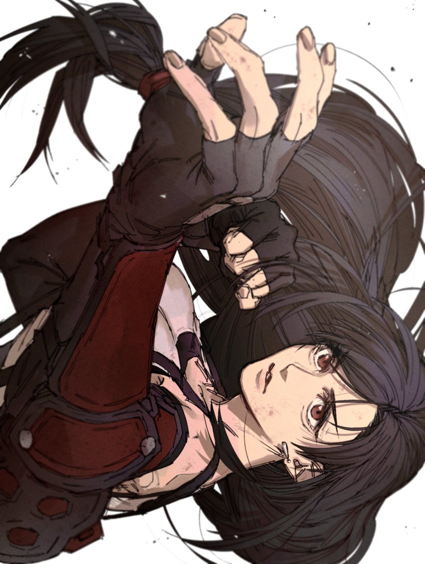 1girl arm_guards asymmetrical_bangs black_hair breasts brown_hair earrings fighting_stance final_fantasy final_fantasy_vii final_fantasy_vii_remake fingerless_gloves fingernails gloves highres inuue15 jewelry large_breasts long_hair low-tied_long_hair parted_lips shirt simple_background solo sportswear suspenders tifa_lockhart upper_body white_background white_shirt