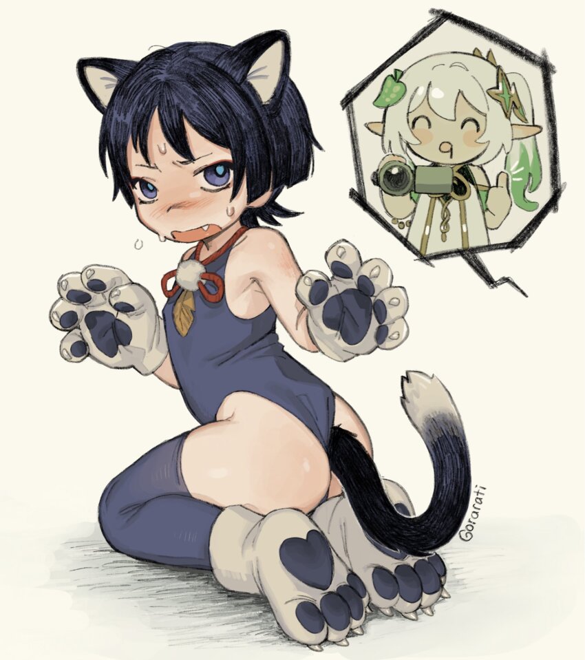 1boy anal_tail animal_ears animal_hands artist_name ass black_hair blue_thighhighs blush butt_plug cat_boy cat_ears cat_tail fake_tail genshin_impact gloves highres implied_tail_plug leotard male_focus nahida_(genshin_impact) paw_gloves paw_shoes scaramouche_(genshin_impact) short_hair simple_background snugglepuff28 tail thighhighs thumbs_up trap video_camera white_background