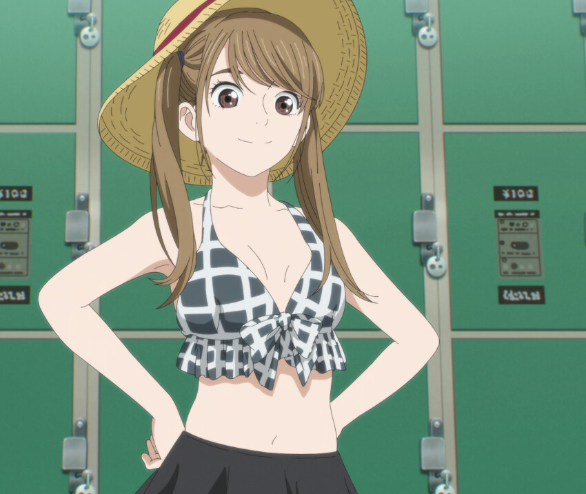 1girl bikini breasts brown_eyes brown_hair cleavage hands_on_own_hips hat highres kanikawa_motoko kimi_wa_houkago_insomnia locker long_hair looking_at_viewer medium_breasts navel skirt smile solo stitched swimsuit third-party_edit twintails