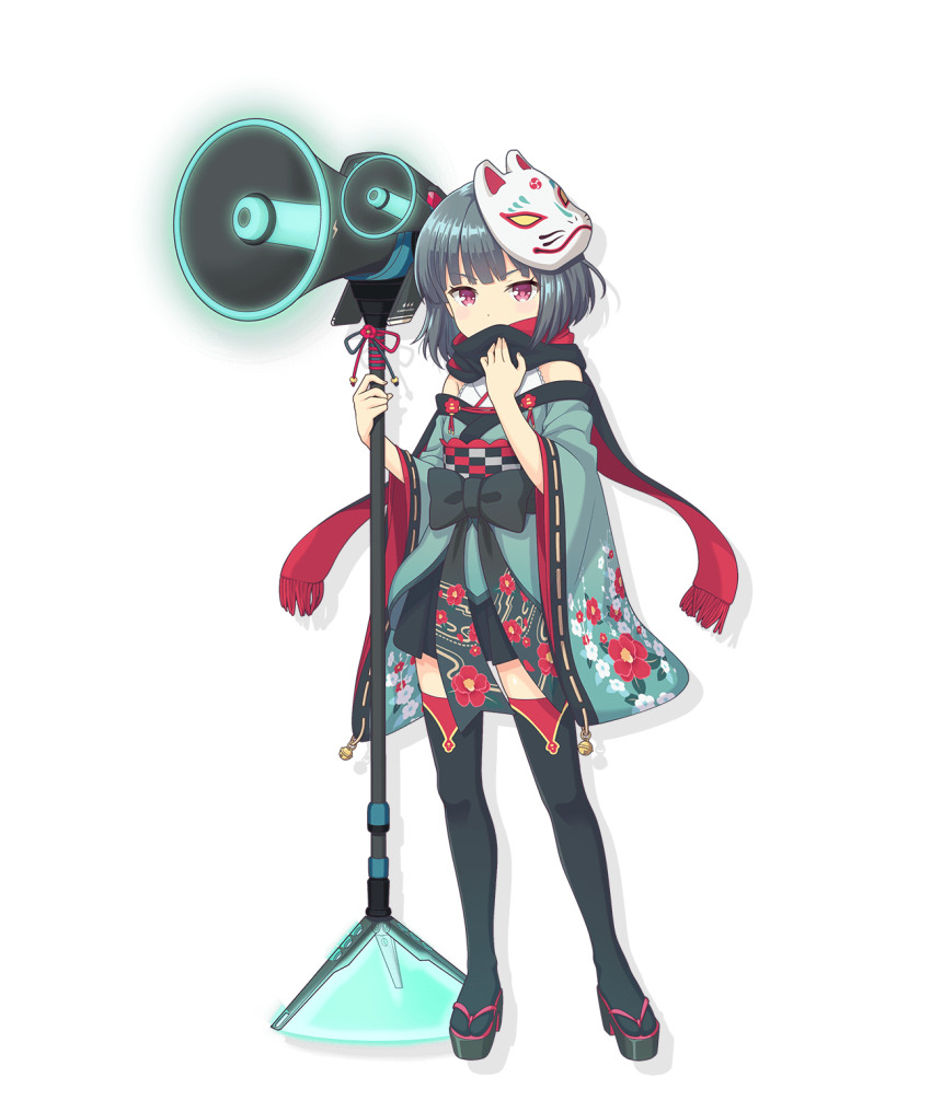 1girl aihara_tsubaki black_scarf black_skirt black_thighhighs breasts covering_own_mouth full_body green_kimono grey_hair highres holding holding_megaphone holding_weapon japanese_clothes kimono looking_at_viewer medium_breasts medium_hair megaphone miniskirt official_art okobo ongeki pink_eyes red_scarf sandals scarf short_kimono simple_background skirt solo tachi-e thighhighs transparent_background two-sided_fabric two-sided_scarf v-shaped_eyebrows weapon