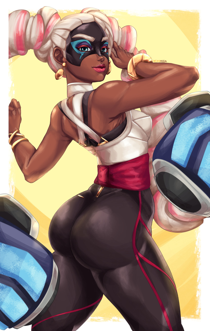 1girl absurdres arms_(game) ass black_pants blue_eyes boxing_gloves bracelet breasts chilla_(arms) colored_eyelashes dark-skinned_female dark_skin domino_mask drill_hair earrings halterneck halterneck highres huge_filesize jewelry kobukeda lips lipstick makeup mask medium_breasts mismatched_eyelashes pants prehensile_hair sash signature sleeveless solo thick_thighs thighs tight_clothes tight_pants twin_drills twintails twintelle_(arms) very_dark_skin