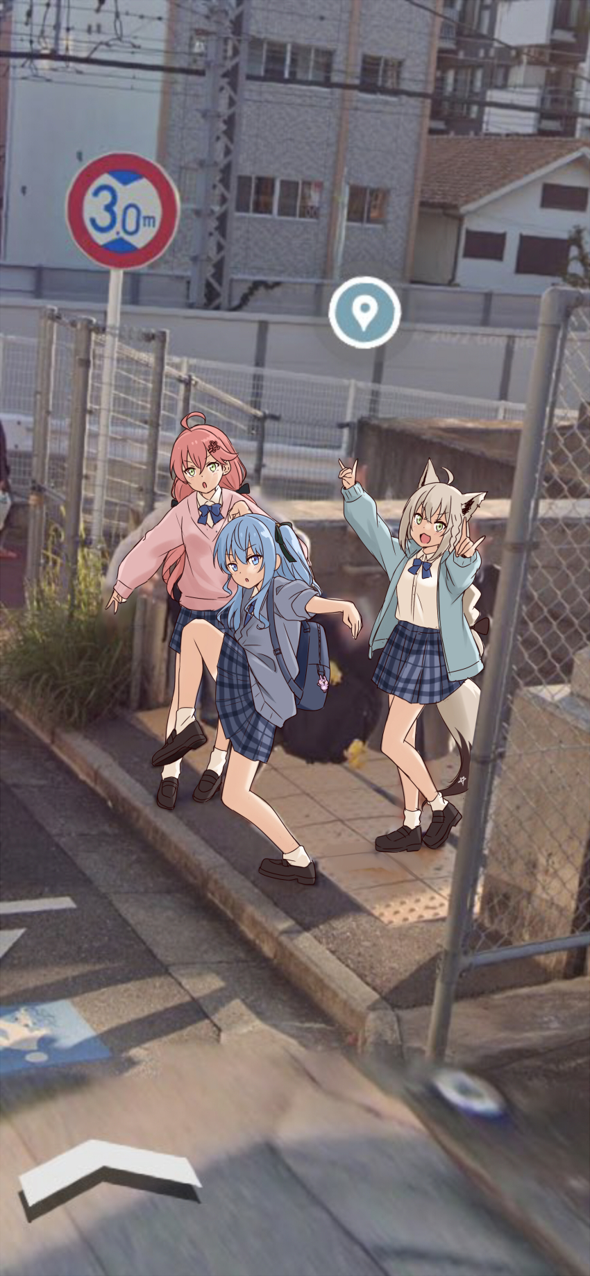 3girls a-pose absurdres ahoge alternate_costume animal_ears arms_up backpack bag blue_bag blue_bow blue_bowtie blue_cardigan blue_eyes blue_hair blue_necktie blue_skirt blush bow bowtie braid brown_footwear cardigan chain-link_fence collared_shirt commentary_request crane_stance day double_fox_shadow_puppet felutiahime fence fox_ears fox_girl fox_shadow_puppet fox_tail full_body google_maps green_eyes green_ribbon grey_hair hair_between_eyes hair_ribbon high_school_girls_posing_for_google_street_view_(meme) highres hololive hoshimachi_suisei leg_up loafers long_hair long_sleeves looking_at_viewer meme miniskirt multiple_girls necktie open_cardigan open_clothes open_mouth outdoors outstretched_arms photo_background pink_hair pink_sweater plaid_clothes plaid_skirt pleated_skirt ribbon sakura_miko school_uniform shirakami_fubuki shirt shoes sidelocks sidewalk skirt smile socks standing standing_on_one_leg star_(symbol) star_in_eye sweater symbol_in_eye tactile_paving tail v virtual_youtuber white_shirt white_socks