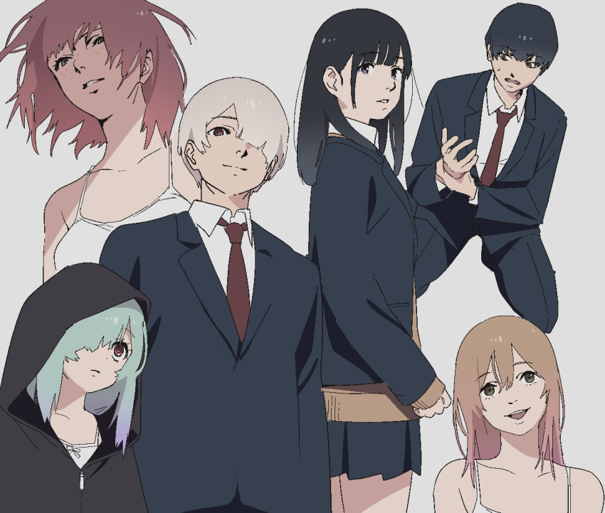 2boys 4girls black_hair blonde_hair blue_hair blunt_bangs brown_eyes camisole cardigan_under_jacket closed_mouth collarbone collared_shirt colored_tips commentary cropped_legs dress_shirt formal_clothes from_side green_eyes hair_between_eyes hair_over_one_eye holding_own_arm hood hood_up hoodie manamisan messy_hair multicolored_hair multiple_boys multiple_girls necktie open_mouth original parted_lips pink_hair pleated_skirt portrait purple_eyes red_necktie shirt simple_background skirt smile spaghetti_strap suit sweatdrop upper_body white_background white_shirt