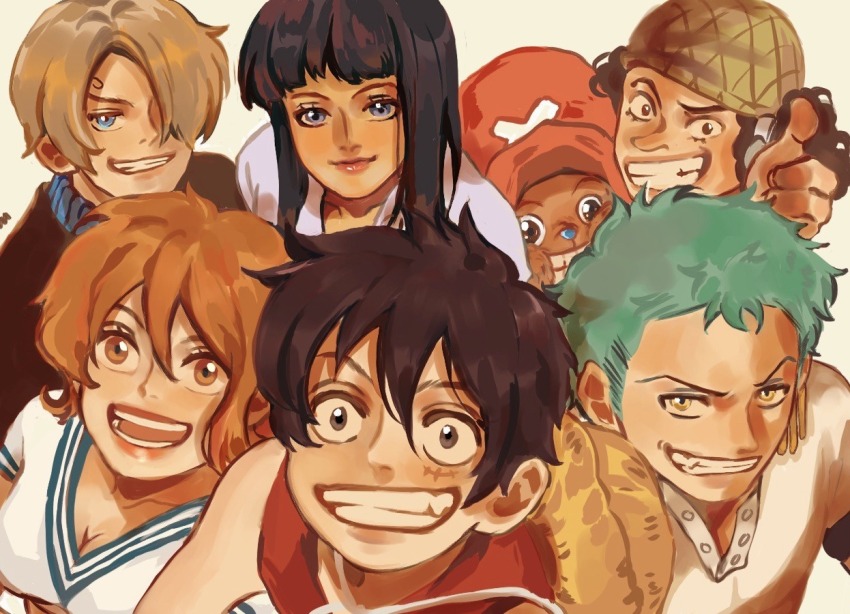 2girls 5boys bandana_around_arm black_hair blonde_hair blue_eyes blue_nose blunt_bangs commentary cross curly_eyebrows earrings english_commentary green_hair hair_over_one_eye hat jewelry long_nose monkey_d._luffy multiple_boys multiple_girls nami_(one_piece) nico_robin one_piece orange_eyes orange_hair red_shirt roronoa_zoro sanji_(one_piece) scar scar_on_face serein shirt short_hair simple_background sleeveless sleeveless_shirt smile straw_hat_pirates thumbs_up tony_tony_chopper usopp v-shaped_eyebrows