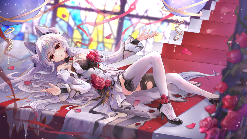 1girl absurdres animal_ears bare_shoulders breasts cat_ears dress falling_petals flower flower_ornament henjiwumei high_heels highres honkai_(series) honkai_impact_3rd indoors long_hair long_sleeves looking_at_viewer lying on_back petals puffy_long_sleeves puffy_sleeves red_eyes red_flower red_rose rose solo stairs theresa_apocalypse theresa_apocalypse_(luna_kindred) theresa_apocalypse_(lunar_vow:_crimson_love) theresa_apocalypse_(till_death_do_us_part) thighhighs thighs torn_clothes torn_thighhighs very_long_hair white_dress white_footwear white_hair white_thighhighs