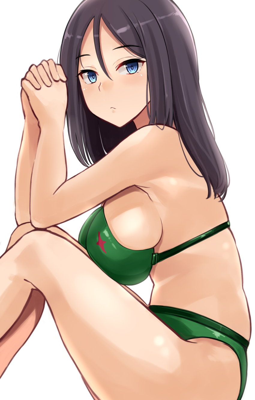 1girl bikini black_hair blue_eyes breasts closed_mouth commentary_request expressionless from_side girls_und_panzer green_bikini hair_between_eyes highres interlocked_fingers kitayama_miuki long_hair looking_at_viewer nonna_(girls_und_panzer) own_hands_together simple_background sitting skindentation solo swimsuit white_background