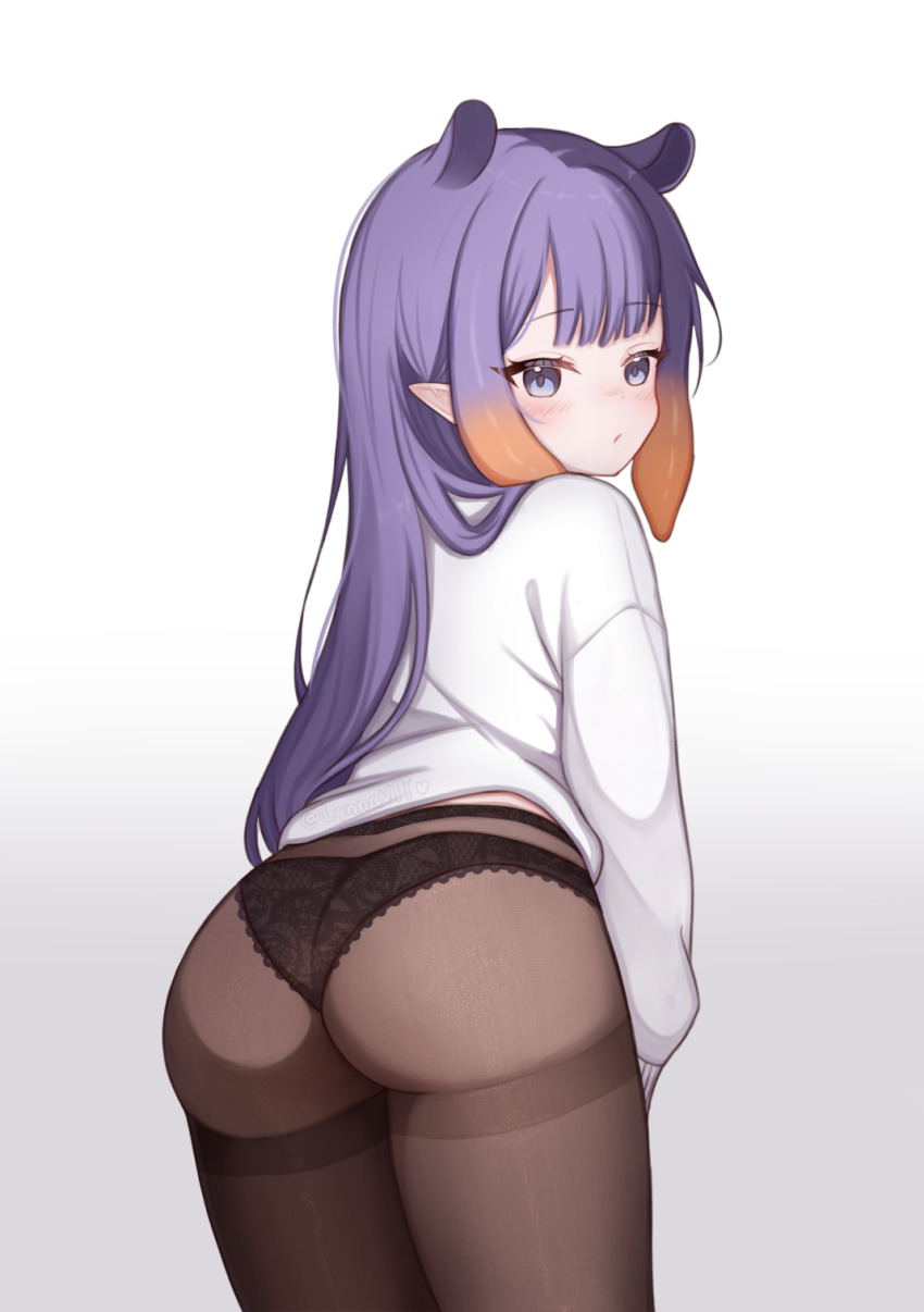 1girl alternate_costume ass ass_focus black_panties black_pantyhose from_behind gradient_hair highres hololive hololive_english long_hair looking_at_viewer looking_back lynnavtt multicolored_hair ninomae_ina&#039;nis orange_hair panties panties_visible_through_clothes pantyhose pointy_ears purple_hair shirt simple_background solo tentacle_hair underwear virtual_youtuber white_background white_shirt