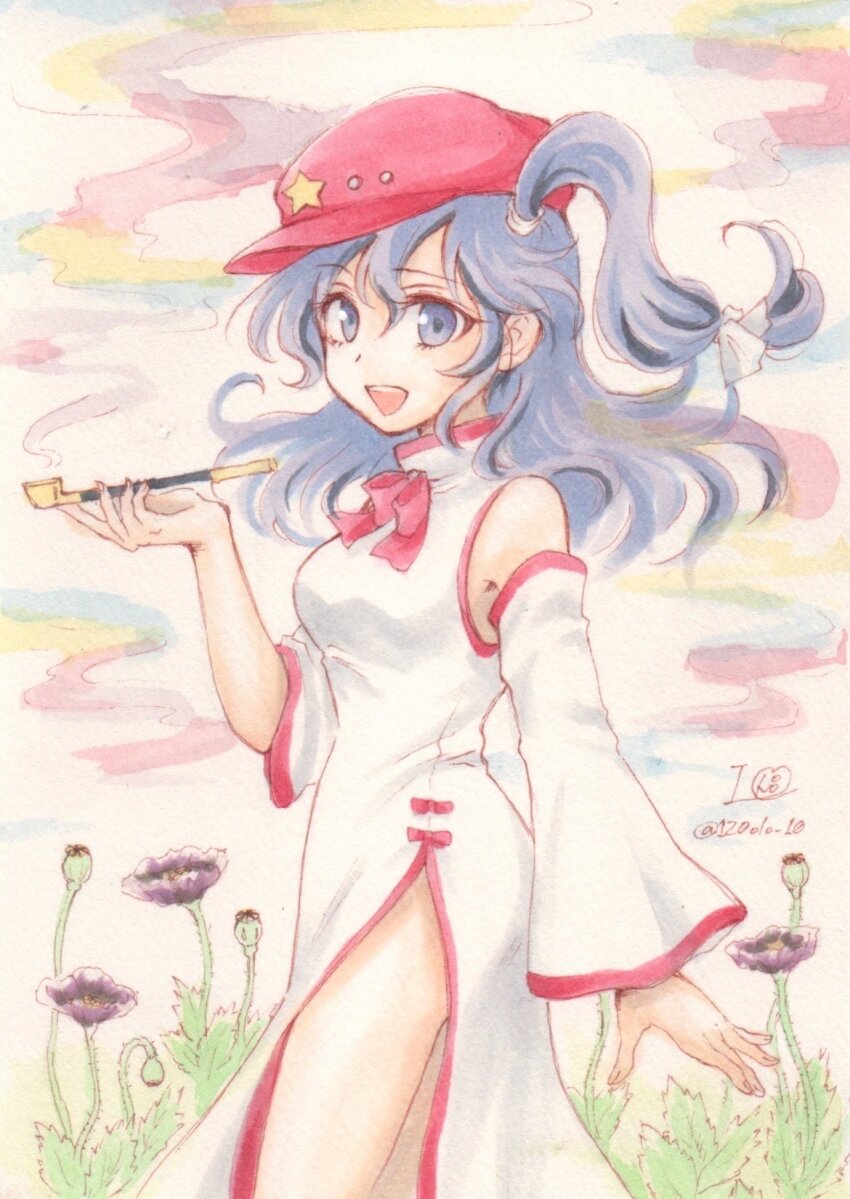 1girl :d adapted_costume bare_shoulders bow bowtie breasts cabbie_hat china_dress chinese_clothes commentary_request detached_sleeves dress flat_cap flower happy hat hat_ornament highres holding holding_smoking_pipe io_(maryann_blue) label_girl_(dipp) long_hair long_sleeves looking_at_viewer mandarin_collar open_mouth pelvic_curtain purple_eyes purple_hair red_bow red_hat side_ponytail side_slit sleeveless sleeveless_dress small_breasts smile smoke smoking_pipe solo star_(symbol) star_hat_ornament touhou traditional_media two-tone_dress white_dress white_sleeves wide_sleeves