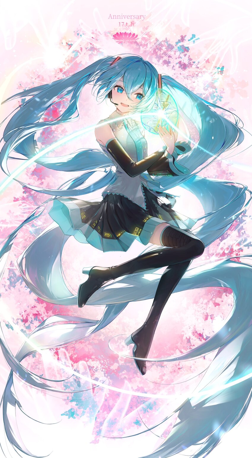 1girl absurdly_long_hair absurdres aqua_necktie bare_shoulders birthday black_footwear black_sleeves blue_eyes blue_hair boots collared_shirt commentary_request detached_sleeves full_body hatsune_miku headphones highres kamatoyu long_hair microphone necktie open_mouth pleated_skirt shirt skirt sleeveless sleeveless_shirt smile solo thigh_boots thighhighs twintails very_long_hair vocaloid