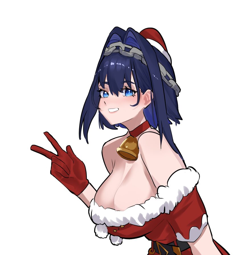 1girl absurdres bell blue_eyes blue_hair breasts chain chain_headband choker cleavage dress fur-trimmed_dress fur-trimmed_headwear fur_trim gloves grin hair_intakes hat highres hololive hololive_english koizumi_arata large_breasts looking_at_viewer neck_bell ouro_kronii red_choker red_dress red_gloves santa_dress santa_hat simple_background smile solo virtual_youtuber white_background