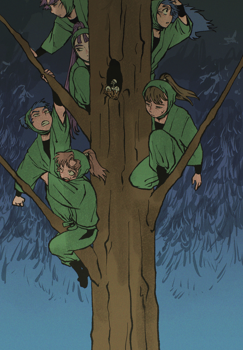 6+boys arm_guards bird black_eyes bright_pupils chick climbing climbing_tree egg film_grain foliage green_hood green_kimono green_pants hair_through_headwear high_ponytail highres hood japanese_clothes kema_tomesaburou kimono layered_clothes male_focus momeshi multiple_boys nakazaike_chouji nanamatsu_koheita ninja pants ponytail rakudai_ninja_rantarou shioe_monjirou tachibana_senzou tree tree_hollow uniform white_pupils zenpouji_isaku