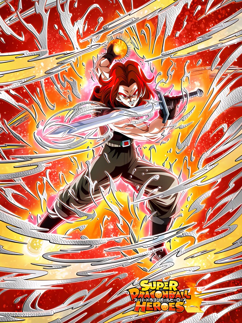 1boy absurdres angry aura dokkan_battle highres ki_blast muscular muscular_male official_art red_eyes red_hair serious solo super_dragon_ball_heroes super_saiyan super_saiyan_god sword tagme trunks_(dragon_ball) trunks_(future)_(xeno)_(dragon_ball) weapon