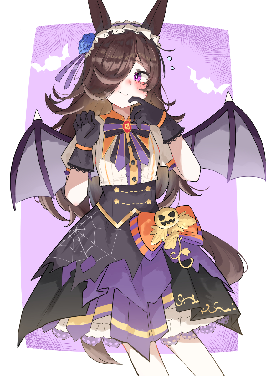 1girl absurdres animal_ears black_gloves blush frilled_hairband frills gloves hair_over_one_eye hairband highres horse_ears horse_girl jack-o&#039;-lantern_ornament long_hair looking_to_the_side official_alternate_costume ponzu_purin puffy_short_sleeves puffy_sleeves purple_eyes rice_shower_(make_up_vampire!)_(umamusume) rice_shower_(umamusume) shirt short_sleeves solo umamusume wavy_hair white_shirt