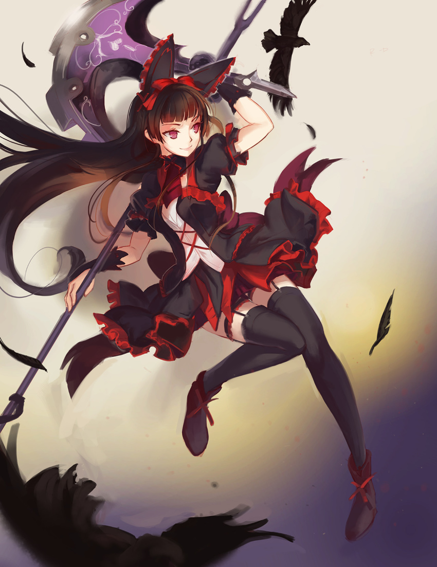 10s 1girl axe bird black_hair black_thighhighs colorized crow feathers female_focus garter_straps gate_-_jieitai_ka_no_chi_nite_kaku_tatakaeri gothic_lolita hair_ribbon highres lolita_fashion long_hair red_eyes ribbon rory_mercury softmode solo thighhighs weapon