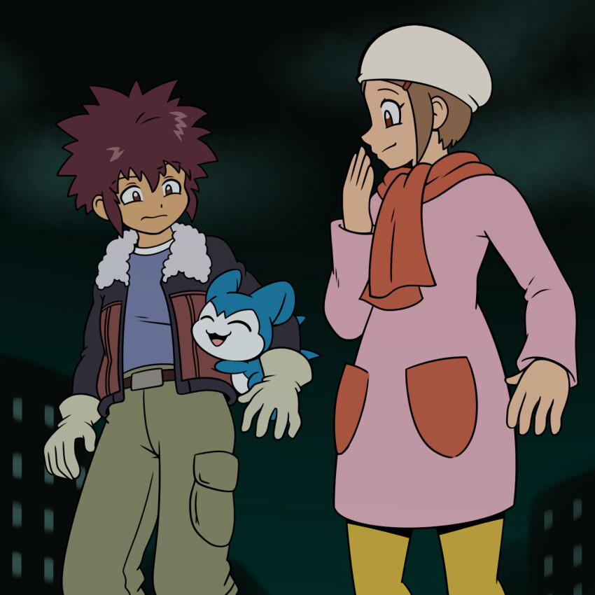 belt chibimon closed_eyes digimon digimon_(creature) digimon_adventure_02 jacket motomiya_daisuke scarf yagami_hikari