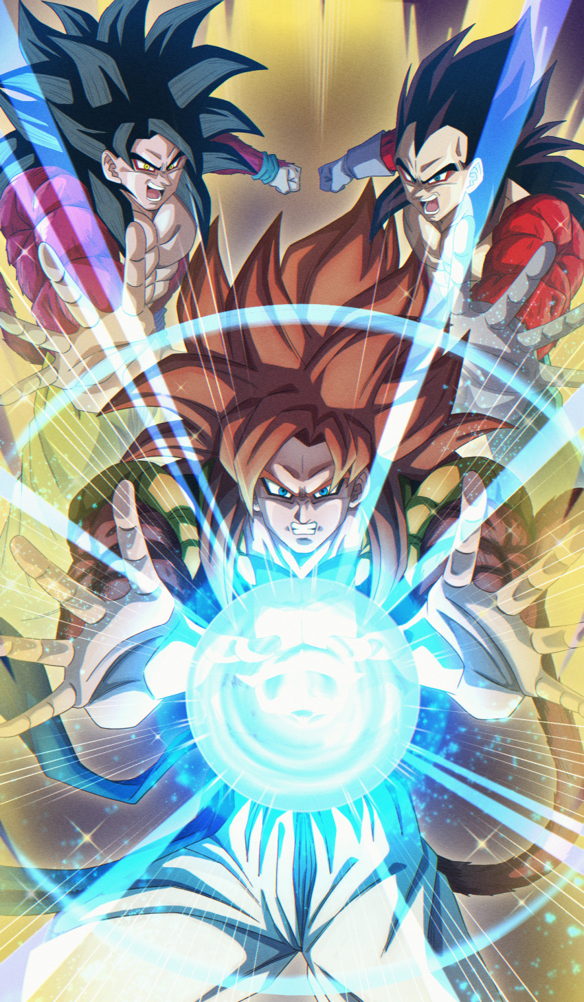 3boys absurdres aura black_hair blue_eyes body_fur brown_fur brown_tail buraku_black cropped_vest dragon_ball dragon_ball_gt gogeta highres long_hair male_focus metamoran_vest multiple_boys muscular muscular_male no_shirt pants pink_fur pink_tail powering_up red_fur red_hair red_tail son_goku spiked_hair topless_male vegeta vest white_pants yellow_eyes