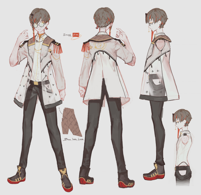 1boy absurdres atelier_live brown_hair character_sheet commentary english_commentary europa_yuu from_side glasses grey_background highres jacket looking_at_viewer multiple_views round_eyewear softmode standing virtual_youtuber