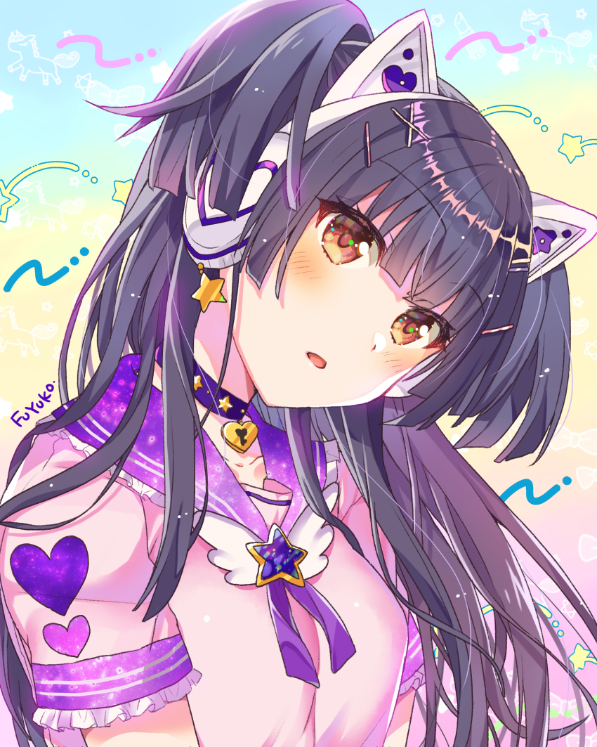 1girl absurdres animal_ear_headphones animal_ears black_hair blunt_bangs blunt_ends blush brown_eyes cat_ear_headphones character_name choker commentary earrings eyelashes fake_animal_ears frilled_sailor_collar frilled_sleeves frills hair_ornament hair_over_shoulder hairclip head_tilt headphones heart heart_choker heart_print highres hime_cut idolmaster idolmaster_shiny_colors jewelry long_hair looking_at_viewer mayuzumi_fuyuko multicolored_background open_mouth pink_shirt purple_choker sailor_collar shirt short_sleeves simple_background solo star_(symbol) star_choker star_earrings straight_hair two_side_up upper_body yam_(yamap_mako)