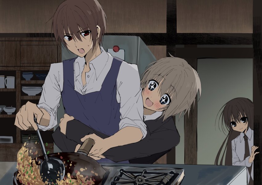 +_+ 2boys :d annoyed apron black_jacket blazer blue_apron blue_eyes blush brown_eyes brown_hair brown_necktie closed_mouth collared_shirt cooking flipping_food food frying_pan hair_between_eyes highres holding holding_frying_pan holding_ladle hug hug_from_behind indoors jacket kasukasugom1 kitchen kusanagi_naoya ladle long_sleeves looking_at_another male_focus multiple_boys natsume_ai natsume_kei_(sakura_no_uta) necktie open_mouth red_eyes refrigerator sakura_no_toki sakura_no_uta school_uniform shirt short_hair sleeves_rolled_up smile stove straight_hair white_shirt