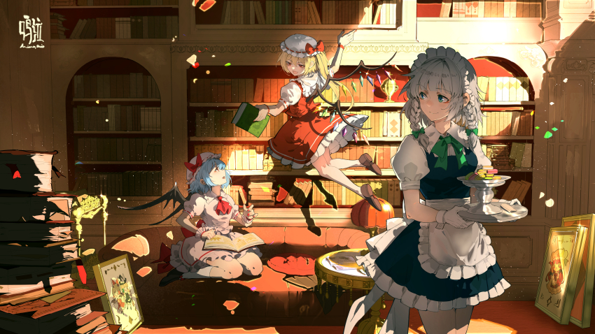 3girls absurdres apron ascot bare_legs bat_wings black_footwear black_wings blonde_hair blue_dress blue_eyes blue_hair book book_stack bow bowtie braid breasts brown_footwear closed_mouth collared_dress collared_shirt commentary_request couch crystal day demon_wings dress flandre_scarlet floating frilled_apron frilled_cuffs frilled_dress frilled_hairband frilled_shirt_collar frills green_bow grey_hair hair_bow hairband hakurei_reimu hat hat_bow highres holding holding_book holding_plate indoors izayoi_sakuya kirisame_marisa long_hair looking_to_the_side looking_up maid maid_headdress medium_hair ming_qi_bibi mob_cap multiple_girls nail_polish on_couch open_book open_mouth patchouli_knowledge picture_frame plate puffy_short_sleeves puffy_sleeves red_ascot red_bow red_eyes red_nails red_shirt red_skirt remilia_scarlet seiza shelf shirt shoes short_hair short_sleeves side_ponytail sidelighting signature sitting skirt skirt_set small_breasts smile socks sparkle standing sunlight table touhou trophy twin_braids twintails waist_apron waist_bow white_apron white_hairband white_hat white_shirt white_skirt white_socks white_wrist_cuffs wide_shot wings wrist_cuffs