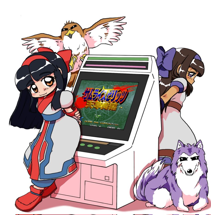 1990s_(style) 2girls arcade_cabinet arms_behind_back black_hair brown_eyes brown_hair dual_persona fingerless_gloves gloves holding_own_arm hair_ribbon highres legs long_hair looking_back mamahaha multiple_girls murasaki_nakoruru nakoruru purple_eyes retro_artstyle ribbon samurai_spirits shikuru smile snk thighs wolf