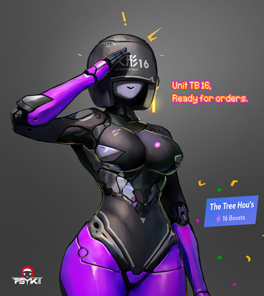 1girl 2024 artist_name black_background breasts crotch_plate english_text gradient_background hair_over_eyes highres joints large_breasts original psyk323 robot robot_joints salute simple_background smile solo standing