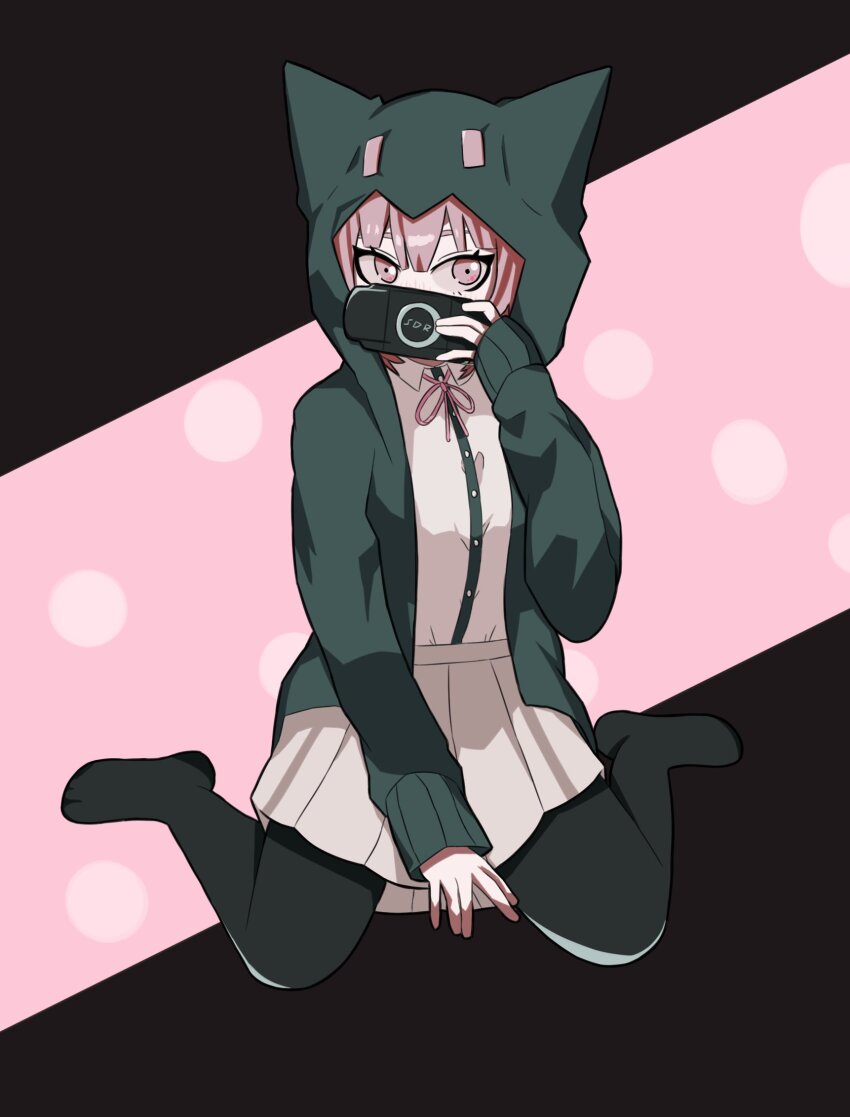 1girl ahogefish black_background collared_shirt danganronpa_(series) danganronpa_2:_goodbye_despair dress_shirt fake_horns green_jacket hair_ornament handheld_game_console highres holding holding_handheld_game_console hood hood_up hooded_jacket horns jacket long_sleeves looking_at_viewer medium_hair nanami_chiaki neck_ribbon no_hair_ornament no_shoes open_clothes open_jacket pink_background pink_eyes pink_ribbon playstation_portable pleated_skirt ribbon shirt skirt solo white_shirt